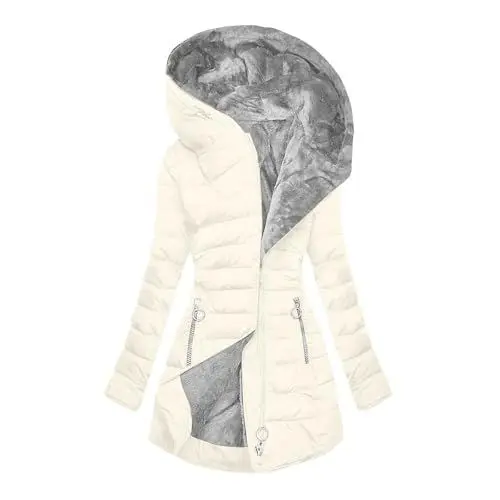 Produktbild: Wintermantel Damen Winterjacke Warme Gefüttert Steppjacke Lange Daunenjacke mit Kapuze Parka Langarm Winterparka Einfarbig Hoodie Reißverschluss Jacke Baumwolle Mantel Winddicht Outdoorjacke Weiß S