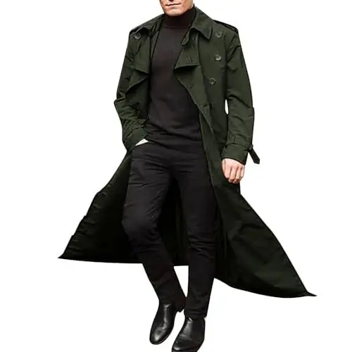 Produktbild: Herren Klassisch Länge Zweireihiges Revers Trenchcoat Casual Slim Fit Ultradünner Windbreaker Stilvoll Outdoor Winddichter Sonnenmantel Grün XL