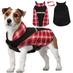 Produktbild: Wintermantel Reversibel für Hunde, Welpenjacke Plaid Warmes Futter aus Polar Fleece Außenjacke für Hunde mit Reflexstreifen Einstellbar Winddicht Welpenweste Weiches Haustier(Rot, XXL)