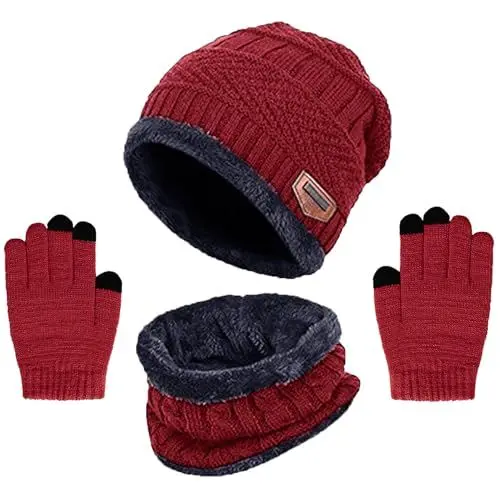 Produktbild: Wintermütze Kinder Schal Handschuhe 3PCs Fleece Gefüttert Beanie Strickmützen Warmem Mütze, Schal & Touchscree Handschuhe-Sets Verdicken Fleece Thermisch für Jungen Mädchen, Weinrot