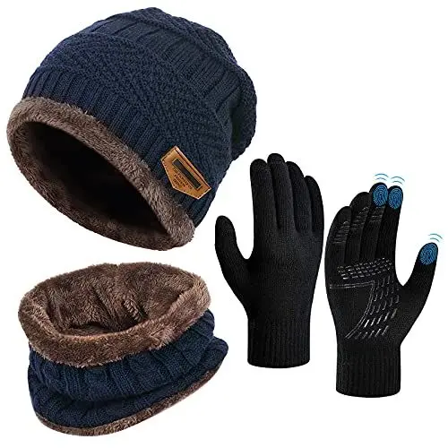 Produktbild: Wintermütze Schal Touchscreen Handschuhe Set - Unisex Beanie Strickmütze Winterschal Thermo Handschuhe | Fleecefutter Warme Knit Hut Loop Schal Rutschfeste Handschuhe | für Herre Ski 3-in-1 Winter-Set