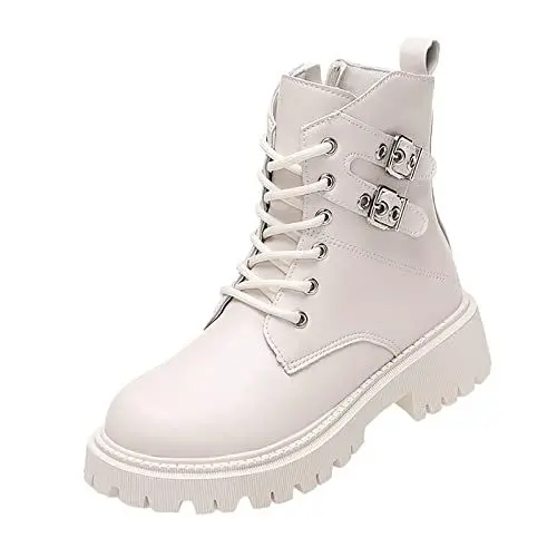 Produktbild: Winterschuhe Damen Schneestiefel Warm Stiefel Mode Frauen Kunstleder Einfarbig Dicke Sohle Quadratische Fersen Schnalle Kurze Stiefeletten Runde Zehe Plateau Boots Leicht Gefüttert Boot (White 39)