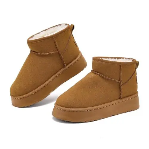 Produktbild: Winterschuhe Damen, Warm Bequem Klassisch Schlupfstiefel Schneestiefel Winterstiefel Gefüttert, Mode Wasserdicht Kurzschaft Stiefel Winterstiefel Winter Boots für Den Außenbereich, Braun, 38 EU