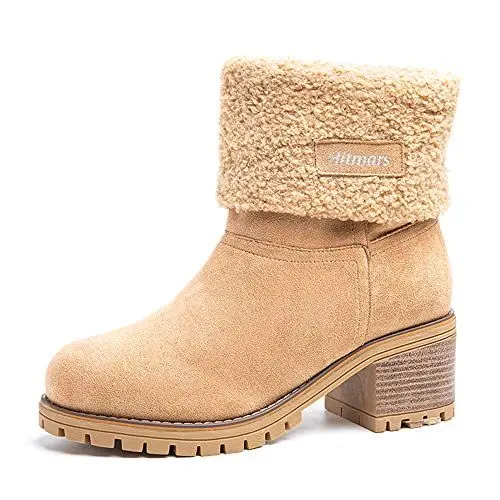Produktbild: Winterstiefel Damen Kurzschaft Stiefel Mit Absatz 6CM Stiefeletten Warme Gefüttert Schlüpfen Winterboots Frauen Boots Wildleder Elegant Khaki EU 40