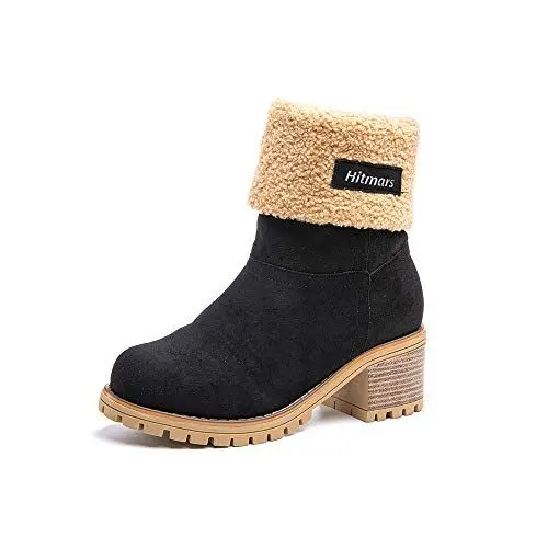 Produktbild: Winterstiefel Damen Kurzschaft Stiefel Mit Absatz 6CM Stiefeletten Warme Gefüttert Schlüpfen Winterboots Frauen Boots Wildleder Elegant Schwarz EU 39