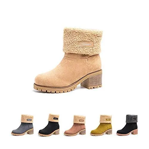 Produktbild: Winterstiefel Damen Stiefel Mit Absatz Stiefeletten Warme Gefüttert Winterboots Schlüpfen Frauen Boots Wildleder Elegant Khaki EU 39