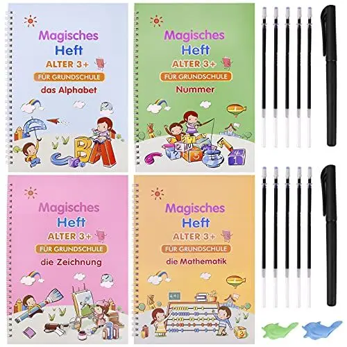 Produktbild: Winthai 4 Stück Deutsch Magisches Heft, Magisches übungsheft mit 12 Stift, Groove Calligraphy Wiederverwendbares Handschrift Nachziehen für Kinder Kalligraphie Zahlen Zeichnung Buchstaben