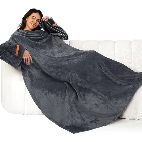 Produktbild: Winthome Decke mit Ärmeln, Kuscheldecke Weich Warm Flauschig, Ärmeldecke mit Klettverschluss und Elastischem Band, TV Decke Sofadecke für Geschenke, Fleecedecke Spart Heizkosten (Grau 1, 140x170cm)