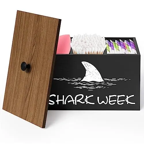 Produktbild: WINUSD Tamponhalter für das Badezimmer, Haifischwoche Badezimmer Organizer, 3 Fächer Q Tips-Holz Wattestäbchen-Spender Schminke Veranstalter, Beweglich Feminin ProduktVeranstalter(Schwarz)