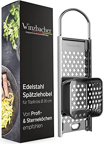 Produktbild: Winzbacher Edelstahl Spätzlehobel mit Teigschlitten (Topf Ø von 16-30cm) Spülmaschinenfest | Rostfrei | Spätzlereibe, Spätzlesieb, Spätzlepresse | für Spätzle & Knöpfle