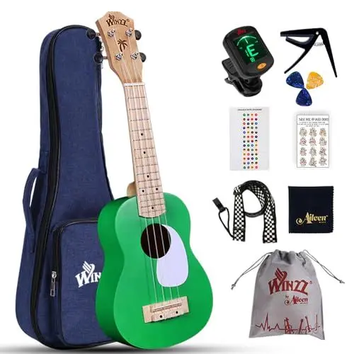 Produktbild: Winzz Ukulele Kinder Sopran, Ukulele Erwachsene Anfänger Set, 21 Zoll Ukulele Einsteiger Kit mit 9 Zubehör (Farbe: Grün, Holz)