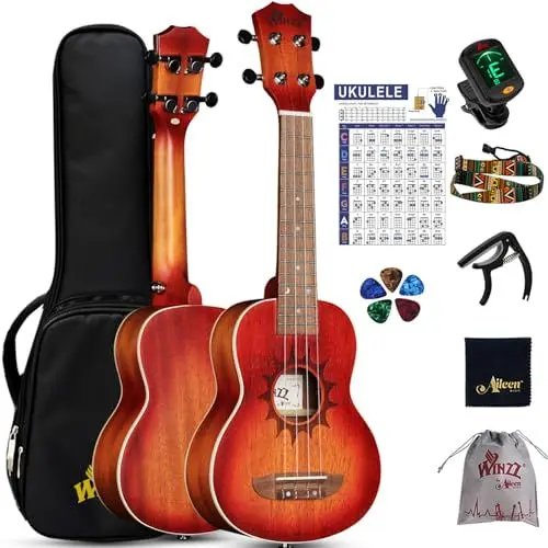 Produktbild: Winzz Ukulele Kinder Sopran, Ukulele Erwachsene Anfänger Set Mahagoni-Holz, 21 Zoll Ukulele Einsteiger, Einzigartige Ukulele Kaufen Geschenke (Carbon Saiten, Matte Sunburst)