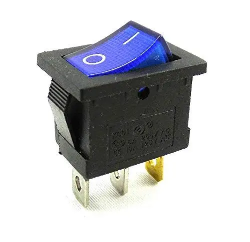 Produktbild: Wippschalter 19 x 13 mm, 6 A, 250 V~ 3 Pin, Geräteschalter, blau Wippe beleuchtet, schwarz (1)