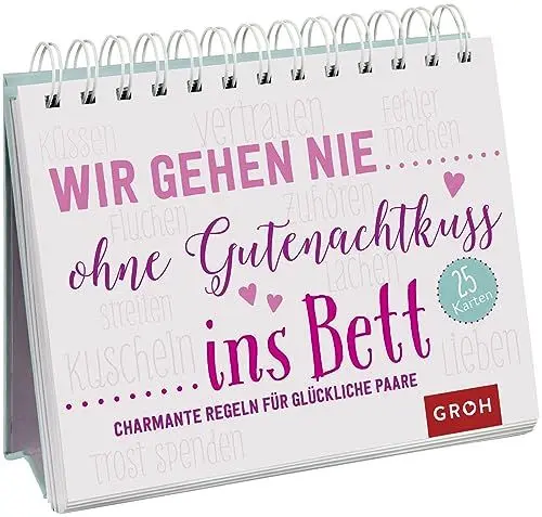 Produktbild: Wir gehen nie ohne Gutenachtkuss ins Bett. Charmante Regeln für glückliche Paare: Wunderbares kleines Geschenk zur Hochzeit oder einfach so. Postkarten-Aufsteller