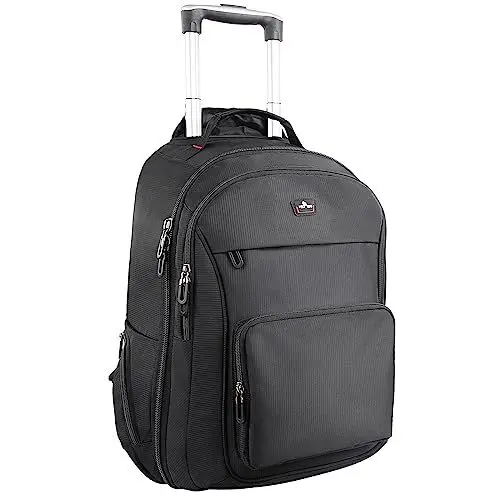 Produktbild: WIRABO Rucksack mit Rollen, 17.3 Zoll Laptop Trolley 40L Reisetasche mit Rollen Groß Schultrolley Handgepäck für Herren Business, Arbeit, College, Schwarz