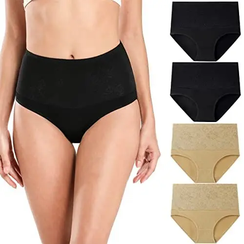 Produktbild: wirarpa Bauchweg Unterwäsche Damen Bauch Weg Unterhosen Baumwolle Slips 4er Pack Schwarz Beige Größe L