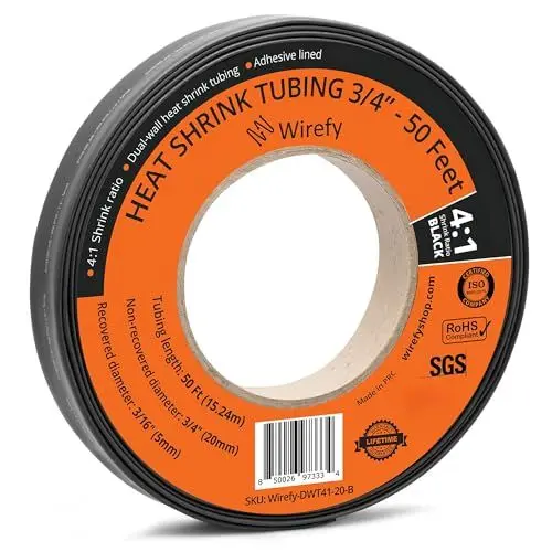 Produktbild: Wirefy Schrumpfschlauch Rolle - 20mm - 15,25m - 4:1 Schrumpf-Rate - Schrumpfschlauch Schwarz Wasserdicht - Kabel Reparaturset als Löt-Zubehör - Heat Shrink Tubing