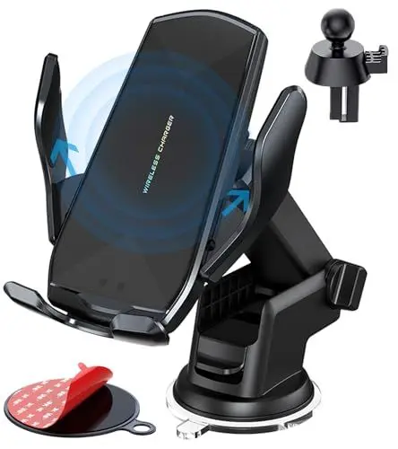 Produktbild: Wireless Car Charger, 15W Qi Fast Charging Auto-Clamping Cell Phone Car Holder ​Air Vent Windshield Dashboard Long Arm Suction Cup Car Phone Mount for iPhone