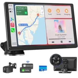 Produktbild: Wireless Carplay Autoradio mit 4K Dashcam,9 Zoll Tragbarers Touchscreen Android Auto,1080P Rückfahrkamera,GPS Navigation,Autoradio Bluetooth Freisprecheinrichtung,Spiegelverbindung,Sprachsteuerung