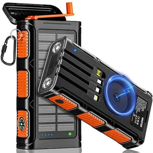 Produktbild: WASTDE Wireless Solar Powerbank 26800 mAh mit Handkurbel und 4 Kabeln, Solarladegerät Powerbank USB-C Schnellladung 7 Ausgänge 4 Eingänge für Handy, Outdoor Wasserdichter Externer Akku für Camping