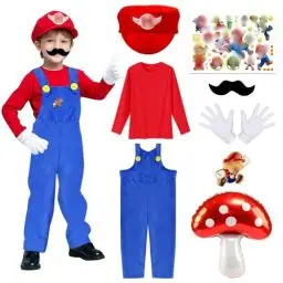 Produktbild: Wirhaut Mar-i Kostüm Kinder, Super Bros Kostüm Jungen, Super Kostüm Set mit Rotes Oberteil Latzhose Mütze Schnurrbärte Handschuhe Brosche Kinder Kostüme für Karneval Halloween Cosplay