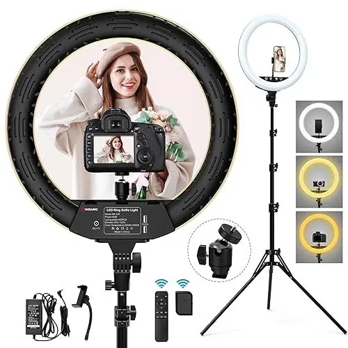 Produktbild: WISAMIC 45,7 cm LED-Ringlicht mit Ständer: Handy-Halterung, Touch und Fernbedienung, zweifarbig, dimmbar, 2800 K-6000 K, für Selfie, Make-up, Kamera, Handy, YouTube, Video, Fotografie, Beleuchtung…