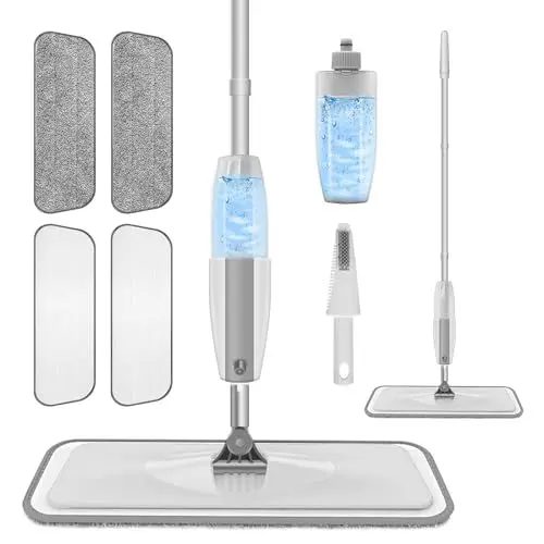 Produktbild: Wischmopp mit Sprühfunktion – RIGHTWELL Wischer mit Sprühfunktion, Sprühwischer Bodenwischer mit Nachfüllflasche und 4 Waschbaren Mikrofaser Pads, 360 Grad Rotierender Wischmopp für Alle Böden