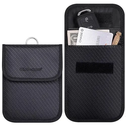 Produktbild: Wisdompro 2 Stück Keyless Go Schutz Autoschlüssel Schutz Keyless, Faraday Bag 10 x 13.5 cm, Autoschlüssel Hülle für RFID-Signale im Bereich von 10 MHz – 3 GHz zu Blockieren (PU Leder, Schwarz)