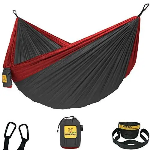 Produktbild: Wise Owl Outfitters Hängematte - Outdoor Hängematte für 1 Person- Ultraleichte Reisehängematte - Belastbar bis 180 kg - Camping Zubehör - Inkl. Aufhängung u. Karabiner (Anthrazit und Rot)