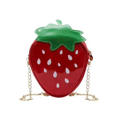 Produktbild: WisePoint Damen Umhängetasche, PU Leder Handtasche Damen Umhängetasche Kleine Umhängetasche Damen mit Kettenriemen, Erdbeer Tasche Crossbody Bag Damen für Reisen, Einkaufen (rot)