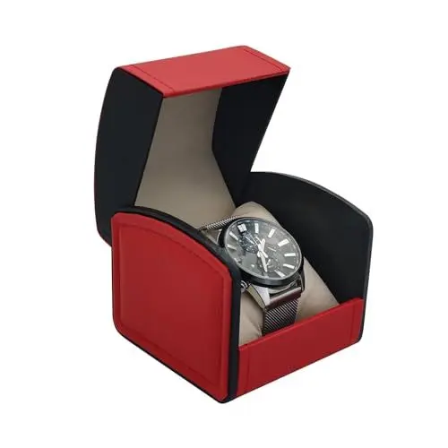 Produktbild: WisePoint Single Uhrengehäuse, PU Lederuhr Reisekoffer mit abnehmbarem Kissen, Schmuck Aufbewahrungskoffer Organizer Portable Square Watch Box Armband Halter für Uhren (rot)