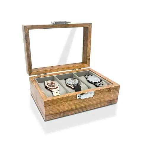 Produktbild: WisePoint Uhrenbox 3 Slot, Holz Uhrengehäuse Uhrenhalter mit abnehmbaren Kissen, Retro Uhrenkasten Uhren Aufbewahrungsbox für Uhren (braun 3-Slot)