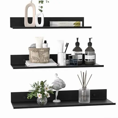 Produktbild: Wisfame Wandregal Metall 3er Set, Schweberegal Schwarz Ohne Bohren, Badezimmer Regal Duschablage Wasserdicht, Modern Wandboard für Dekos Regalbrett für Wohnzimmer, Küche, Arbeitszimmer