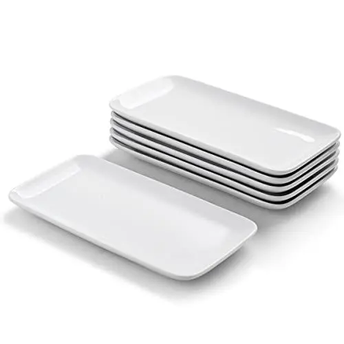 Produktbild: WishDeco Teller Rechteckig 6er Set, Servierplatten Porzellan Weiß 23x12 cm, Servierteller Länglich, Kleine Speiseteller für Dessert, Kuchen, Sushi, Salat, Antipasti