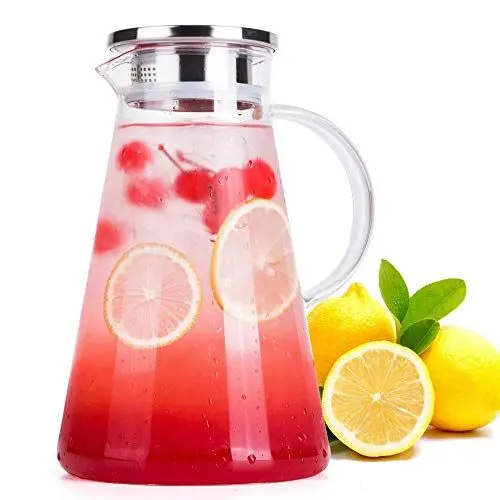 Produktbild: Wisolt 1.8L Teekanne Glas Wasserkaraffe Glaskaraffe Glaskanne mit Deckel Borosilikatglas Getränkespender für Milch Wein Wasser Fruchtsaft Kaffee Eistee und Getränke