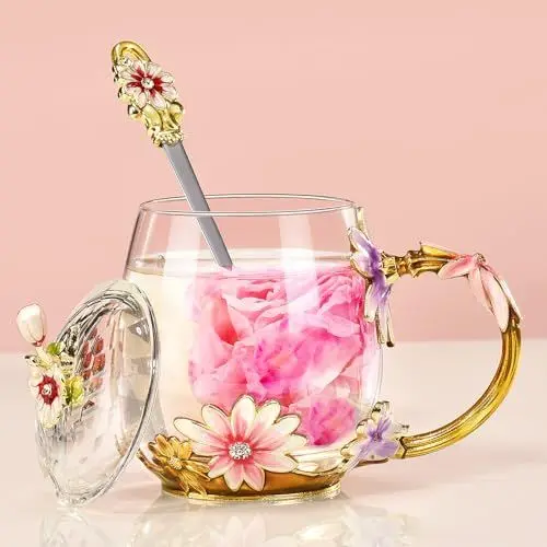 Produktbild: Wisolt Personalisierte Geschenke für Frauen, Mama, Oma, Freundin - Emaille Glas Blume Tee Tasse Kaffee Becher Mit Löffel Und Deckel - Weihnachten