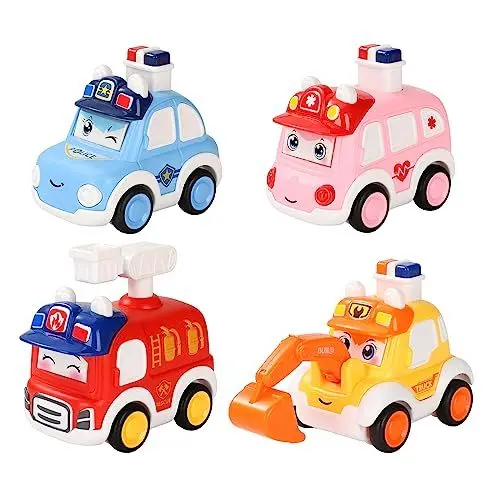 Produktbild: Wisplye Auto Spielzeug, 4 Stück Kinderspielzeug Press & Go Spielzeugautos Bagger Feuerwehrauto Aufziehauto Geschenke für Jungen und Mädchen ab 3 Jahre