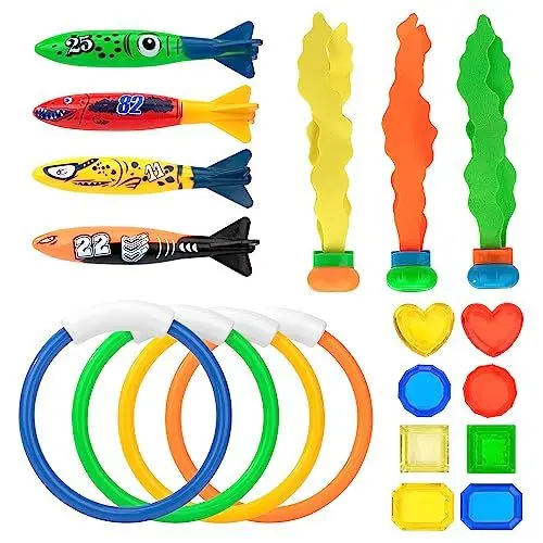 Produktbild: Wisplye Tauchspielzeug Kinder, 19Pcs Unterwasser Schwimmenspielzeug mit Tauchringe Juwelen Seetang Tauchtorpedo Sinkendes, Pooltraining Tauchspielzeug für Jungen Mädchen