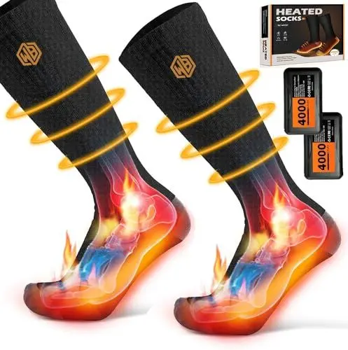 Produktbild: WISSBLUE Beheizbare Socken Beheizte Socken,Heizsocken Skisocken 4000 mAh Wiederaufladbare Warme Socken für Sport Outdoor Camping Wandern Warme Winter Socken Für Männer Frauen