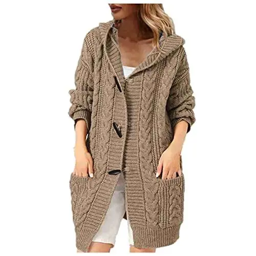 Produktbild: w𝐞isse Strickjacke dame𝐧 s𝐨mmer Frauen Langes Mantel Top Patchwork Druck Top Langarm Knopf V-Ausschnitt Mode Mantel Top Cropped Sweater Top Longjacke dame𝐧 s𝐨mmer elegant (Khaki, S)