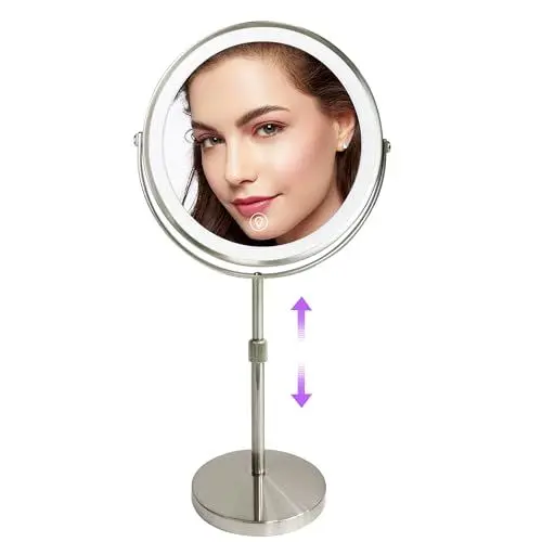 Produktbild: WITFAMILY 8'' höhenverstellbarer 1x/10x Tischspiegel, wiederaufladbarer Stand-Makeup-Spiegel mit 3 Farbmodi und Einstellbarer Helligkeit (Nickel)