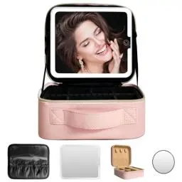 Produktbild: WITFAMILY Make up Tasche mit Spiegel，Travel Makeup Bag mit 1/10x Spiegel und 3 Farbe Licht，Make up Organizer Tasche mit Aufbewahrung von Make-up-Pinseln, Makeup Organizers für Frauen，Rosa