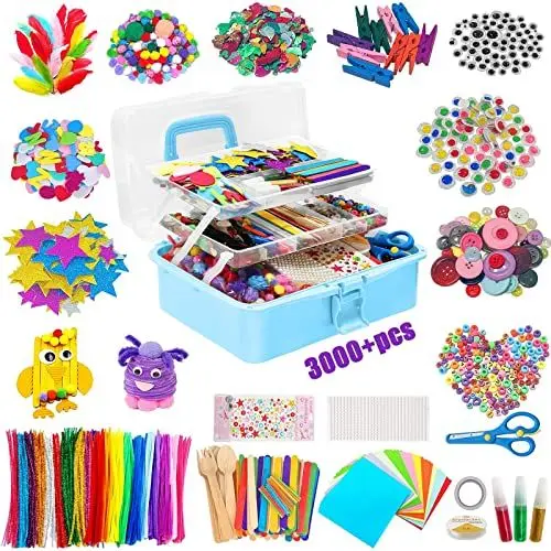 Produktbild: Withosent Bastelset Kinder, 3000+PCS DIY Basteln Kinder Bastelsachen, Bastelsets für Kinderbastelkoffer, Bastelzubehör Kinder Pfeifenreiniger, EIS am Stiel, Pompons, Perlen, Scrapbooking