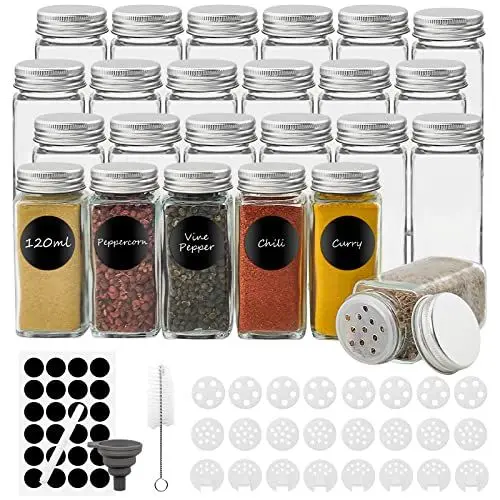 Produktbild: Withosent Gewürzgläser Eckig 24er Set, 120ml Gewürzdosen Glas Gewürzstreuer mit Schraubkappe, Gewürzbehälter Gewürze Aufbewahrung mit Streueinsatz, Etiketten, Trichter, Bürste
