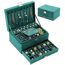 Produktbild: Withosent Schmuckkästchen 3 Ebenen, Schmuckschatulle aus Samt, Schmuckbox Schmuckkoffer für Damen, Schmuckkästen für Ringe, Ohrringe, Halsketten und Uhren, mit Schloss und Schlüssel