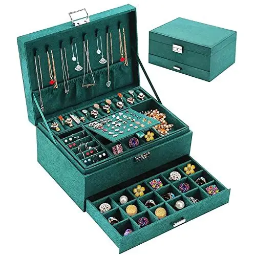 Produktbild: Withosent Schmuckkästchen 3 Ebenen, Schmuckschatulle aus Samt, Schmuckbox Schmuckkoffer für Damen, Schmuckkästen für Ringe, Ohrringe, Halsketten und Uhren, mit Schloss und Schlüssel