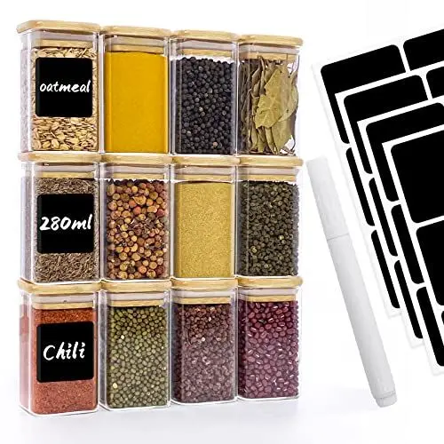 Produktbild: Withosent Vorratsdosen Glas 12er Set, 280ml Gewürzgläser Eckig Holzdeckel, Vorratsgläser Glasbehälter mit Deckel Klein, Stapelbare Gewürzdosen Küche für Gewürze, Spice Jars