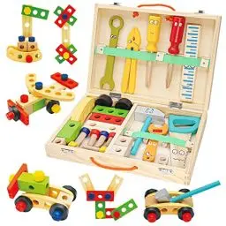 Produktbild: Withosent Werkzeugkoffer Kinder Holz, 34 Stück Werkzeug Kinder Holzspielzeug, Werkzeugsatz Holzwerkzeugen, DIY Autos Spielzeuge kinderspielzeug ab 3 Jahre Jungen Mädchen