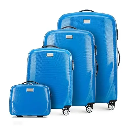 Produktbild: WITTCHEN PC Ultra Light Hartgepäck Reisekoffer Trolley Koffer 4er Koffer Set aus Polycarbonat Vier Lenkrollen TSA Kombinationsschloss Aluminium Teleskopgriff Größe (S+M+L+Kulturbeutel) Blau