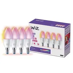 Produktbild: WiZ Tunable White and Color LED Lampen E14 4-er Pack (470 lm), 40 W Lampen mit 16 Mio. Farben oder warm- bis kaltweißem dimmbarem Licht, smarte Lichtsteuerung über WLAN per Stimme/App